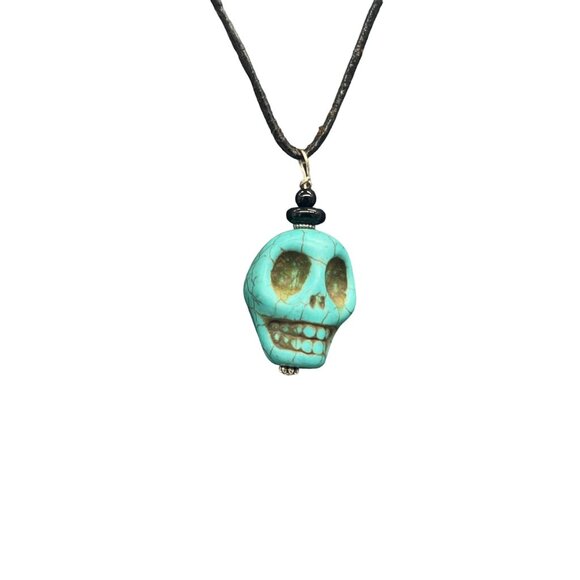 Blue Stone Skull Pendant Black Cord Necklace Halloween Biker Skeleton - Picture 2 of 7
